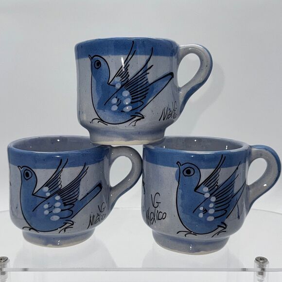 3 Mexican Tonala Pottery Blue Bird Mug Hand Painted Folk Art Mexico Signed VG - Picture 1 of 9
